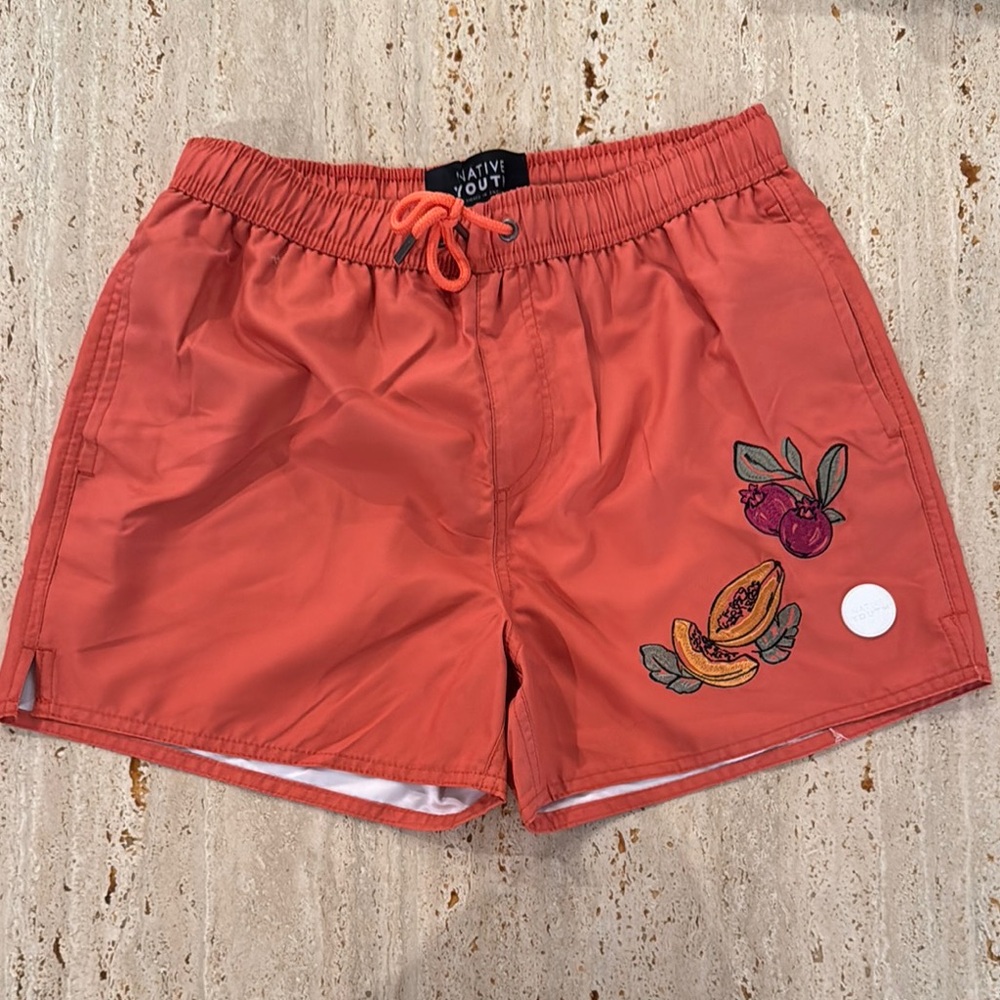 Orange Swim Shorts with Fruit Embroidery